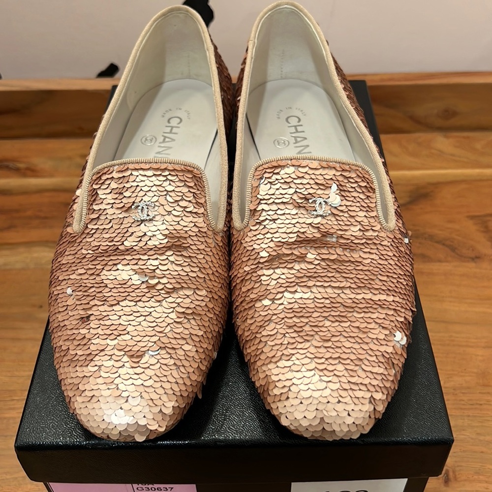 Chanel moccasins loafers in pink sequin 39.5
